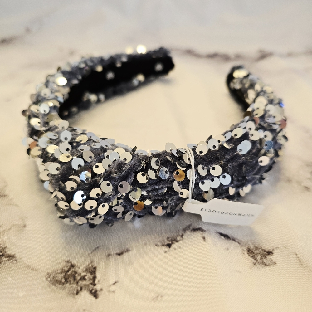 Lele Sadoughi Velvet Sequin Slim Knotted Headband in Silver Gray Anthropologie